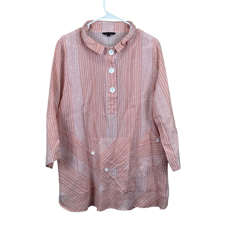 John Mark Popover Shirt Size‎ L Peach White Stripe Viscose Nylon Lagenlook EUC